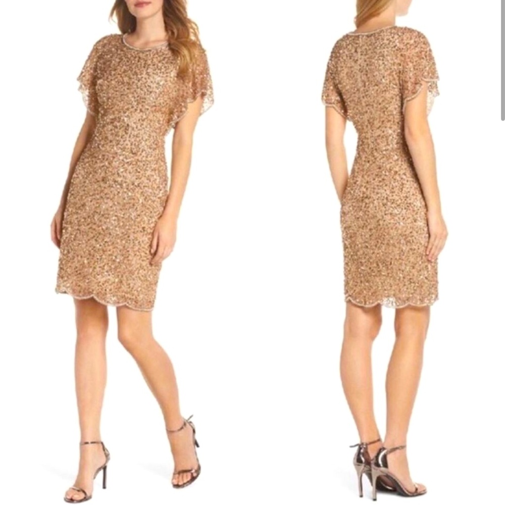 Adriana Papell sequin beaded gold flutter sleeves scalloped hem cocktail dress